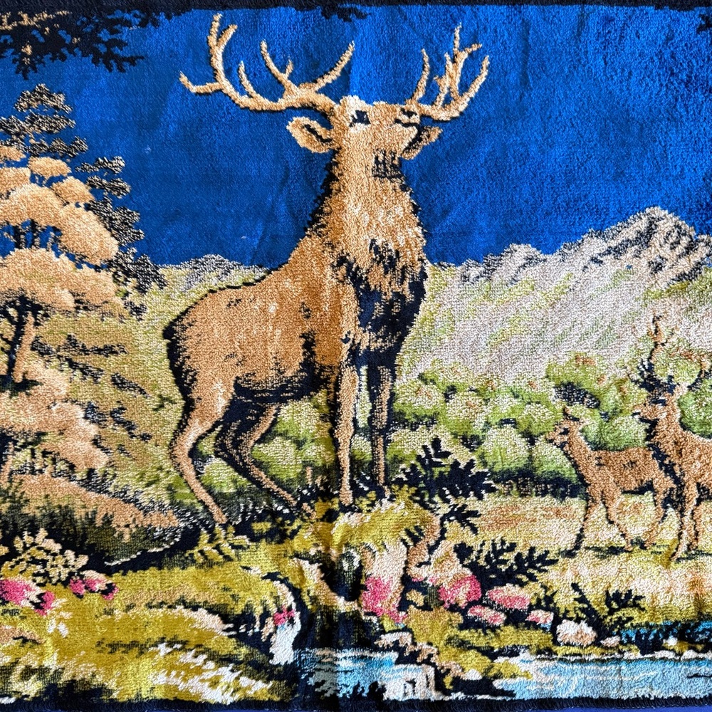 Vintage 70s Deer Stag Does Woodland Velvet Tapestry Rug Wall Picture 19x38” - Picture 2 of 5